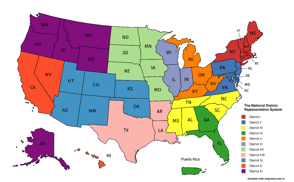 Map of US with districts color coded